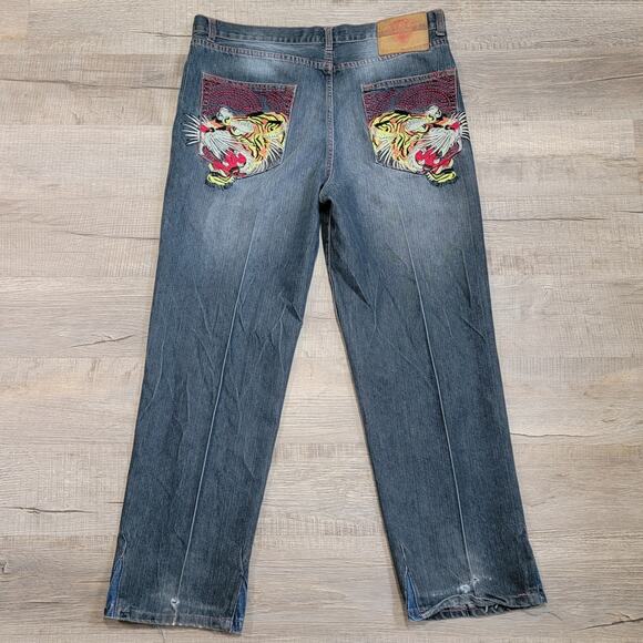 Ed Hardy Christian Audigier VTG 2007 Tiger Embroidered Baggy Jean Size 38x32 Y2K - Picture 3 of 16
